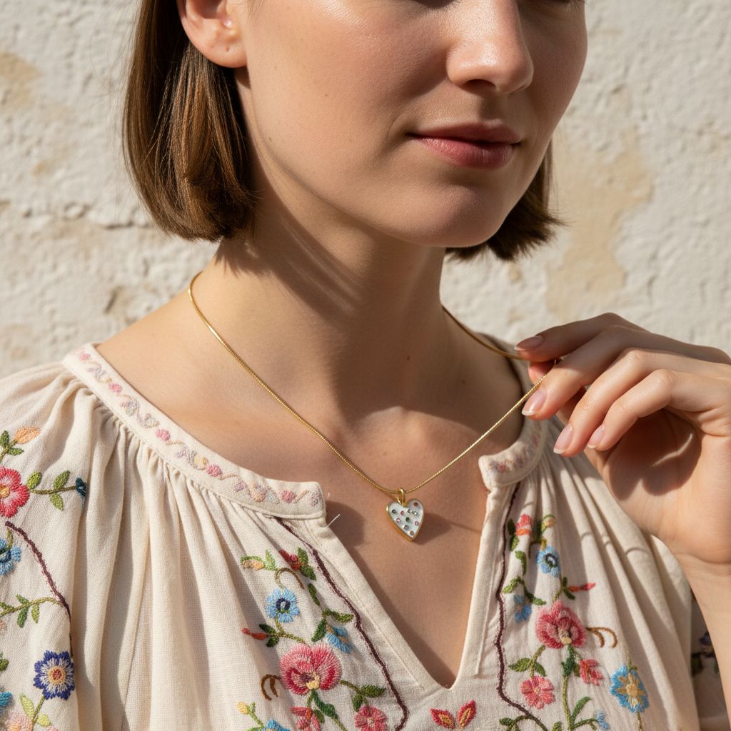 white bejeweled heart pendant necklace