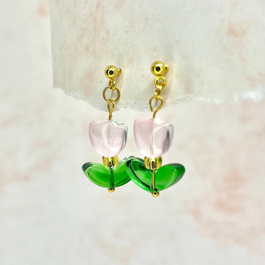 pink glass bead tulip earrings