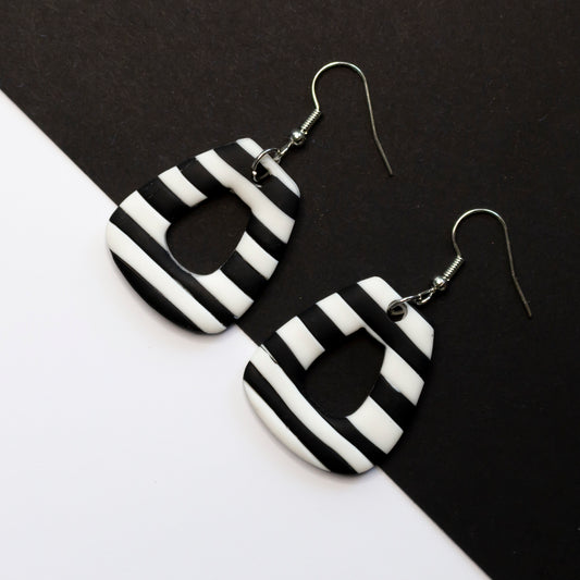 black & white striped cut teardrop earrings