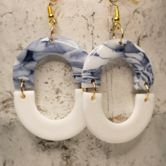 blue marble & white loop statement earrings
